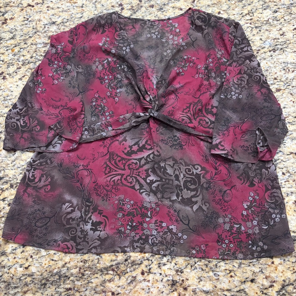 Sheer‎ Floral Twist Front Blouse Burgundy Plum Boho Shimmer Top Womens XL